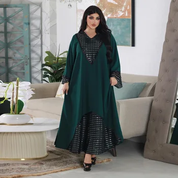 AB337 Одежда для мусульманских женщин Ближнего Востока, арабского Дубая, расшитый блестками халат, сверкающее платье Абайя с V-образным вырезом