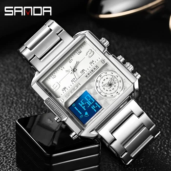 SANDA 2022 Новые деловые мужские электронные часы Модный дизайн квадратного циферблата Стальной ремешок Индивидуальные мужские часы Relogio Masculino