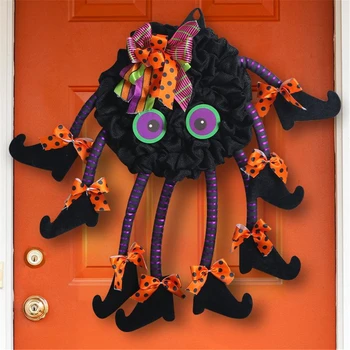 Венок на Хэллоуин для входной двери с ножками Ведьмы, венок для домашнего декора снаружи, Венок, висящий приветственный знак, реквизит для декора Хэллоуина