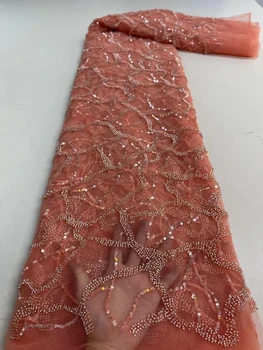 Кружевная ткань, расшитая бисером, 5 ярдов высококачественной французской сетки для шитья, роскошные хрустальные бусины ручной работы, блестящий Африканский тюль с пайетками