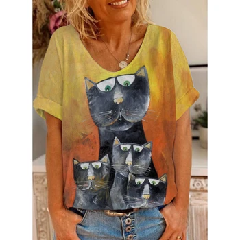 Летняя женская футболка с V-образным вырезом и 3D принтом вишни с милым котом, футболка с коротким рукавом, летняя модная повседневная уличная футболка