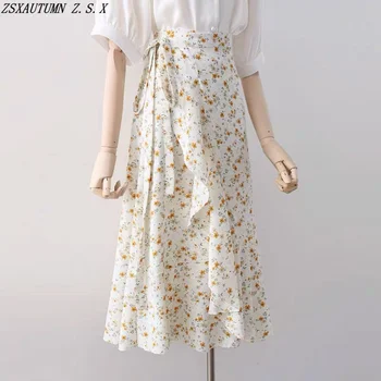 Летняя Новая женская шифоновая юбка с цветочным рисунком и высокой талией, элегантная модная полупальто, асимметричная, обтягивающая бедра, женские винтажные юбки